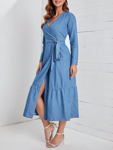 Ruffle Hem Belted Denim Dress