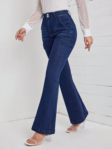 High Waist Flap Pocket Flare Leg Jeans