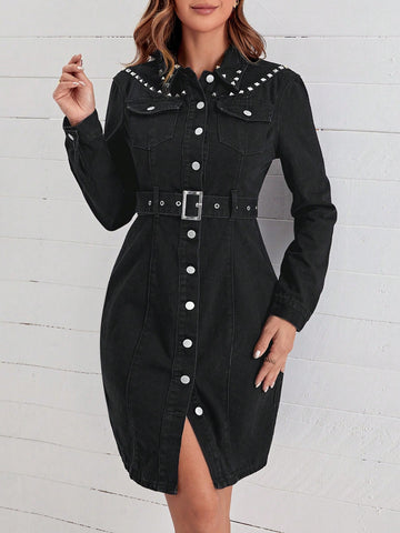 Studded Flap Pocket Belted Denim Dress