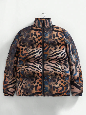 Men Graphic Print Zip Up Puffer Coat