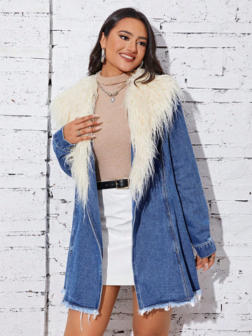 Fuzzy Collar Belted Denim Coat