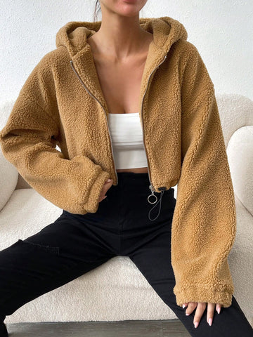 Drop Shoulder Hooded Teddy Jacket