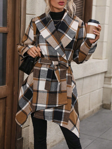 Plaid Print Asymmetrical Hem Belted Coat