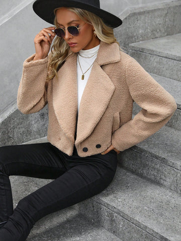 Lapel Neck Double Button Teddy Jacket