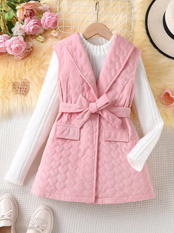 Tween Girl Solid Tee & Flap Detail Belted Vest Coat