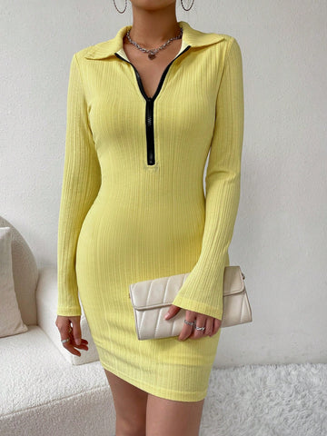 Half Zip Ribbed Knit Bodycon Dress