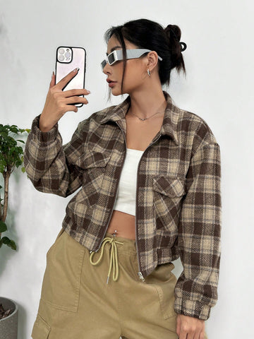 Plaid Print Drop Shoulder Flap Pocket Jacket