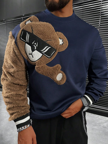 Loose Fit Men's Bear Embroidery Contrast Color Fuzzy Sweatshirt