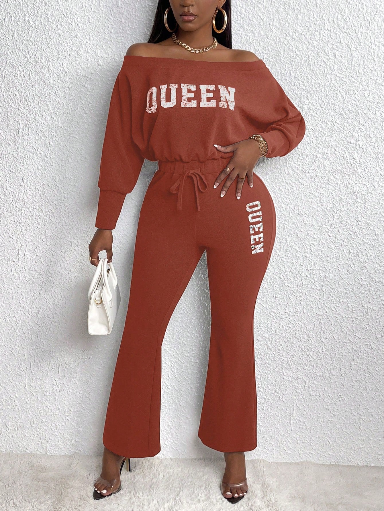 Letter Graphic Off Shoulder Flare Leg Jumpsuit