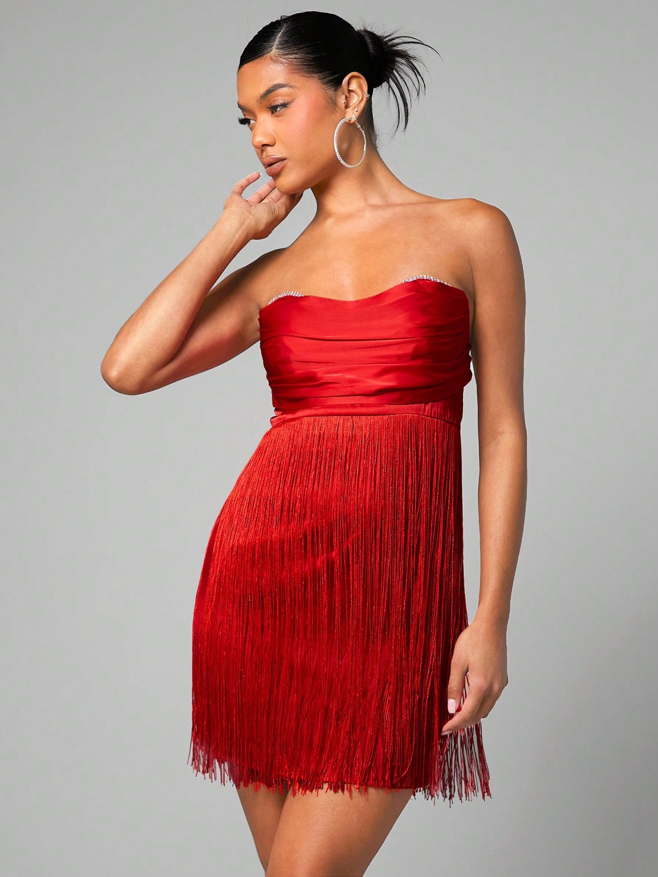 Fringe Trim Ruched Bustier Tube Dress