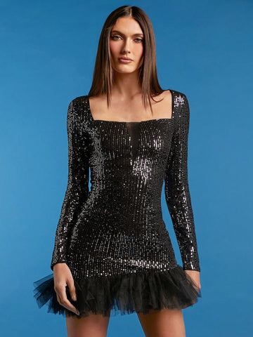 Christmas Square Neck Contrast Mesh Sequin Bodycon Dress