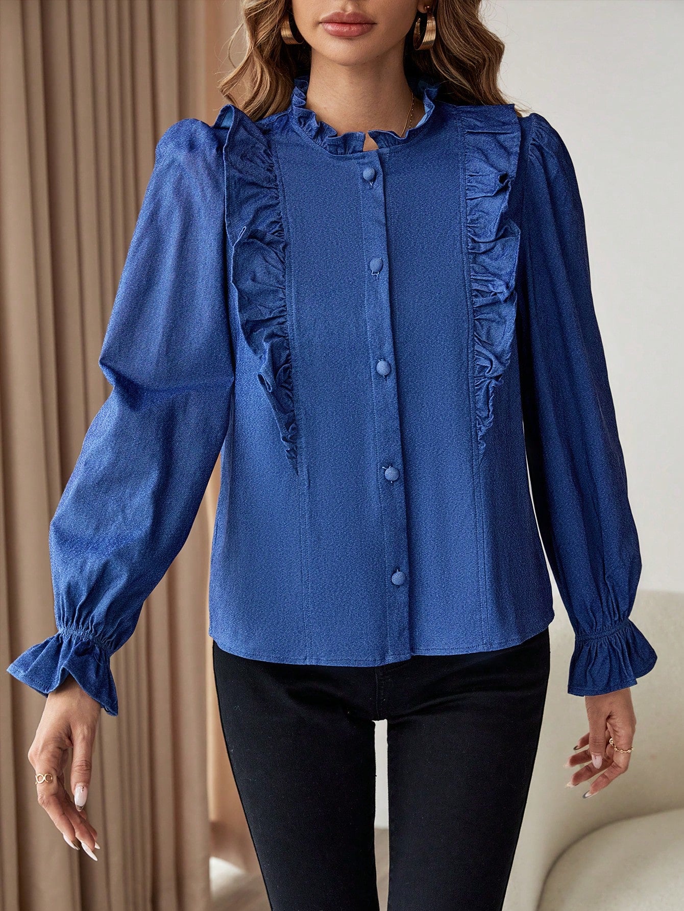 Ruffle Trim Flounce Sleeve Blouse