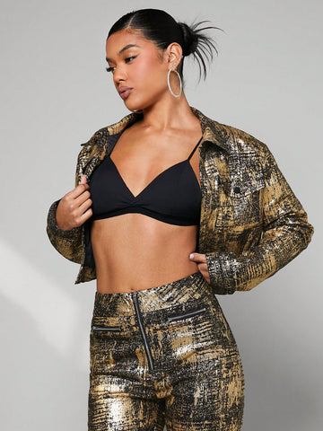 Party Gold Coated Women's Leather Jacket