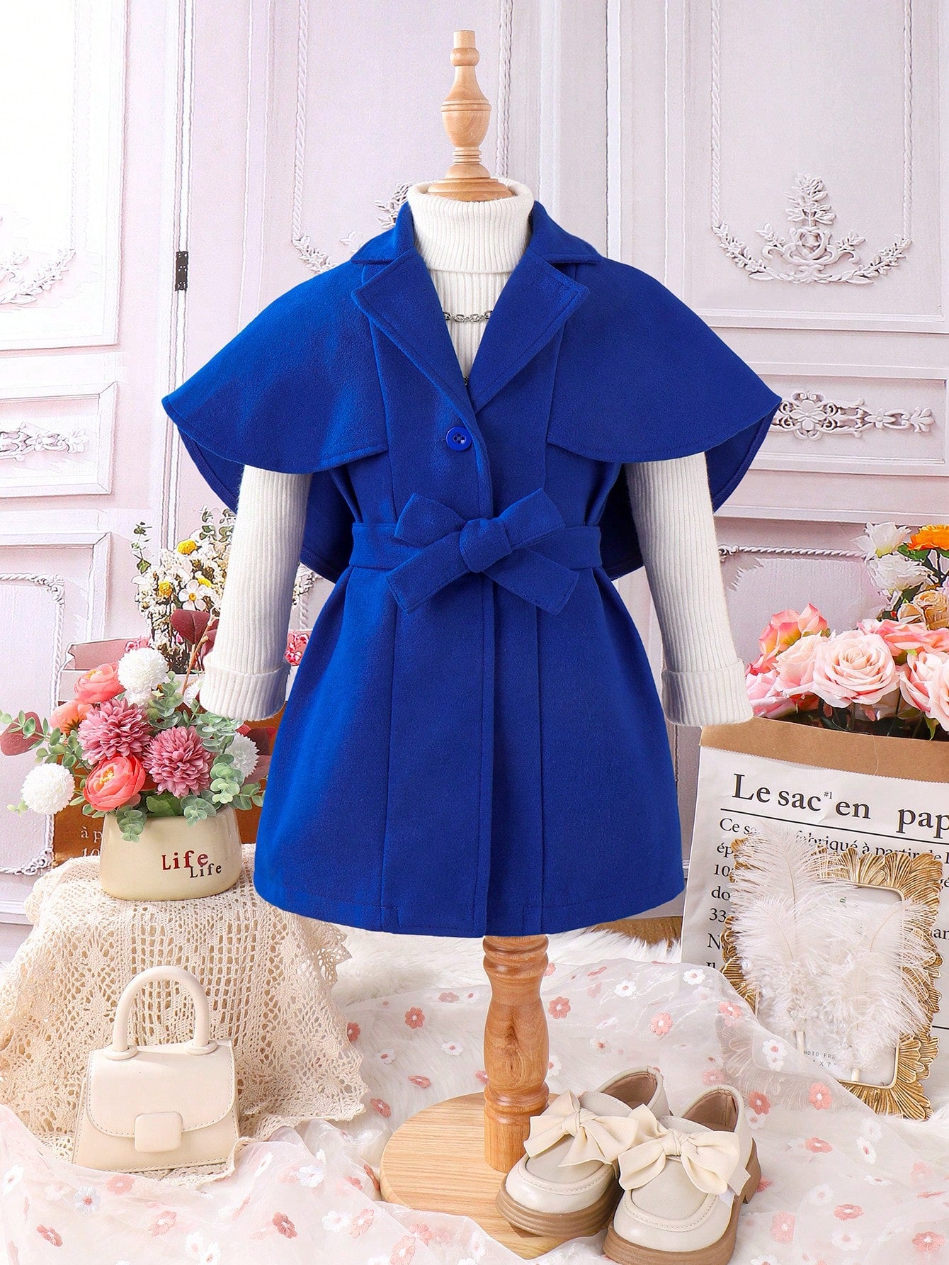 Young Girl 1pc Cloak Sleeve Belted Overcoat