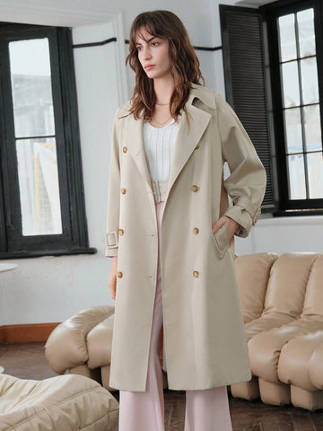 Double Breasted Raglan Sleeve Buckle Belted Trench Coat