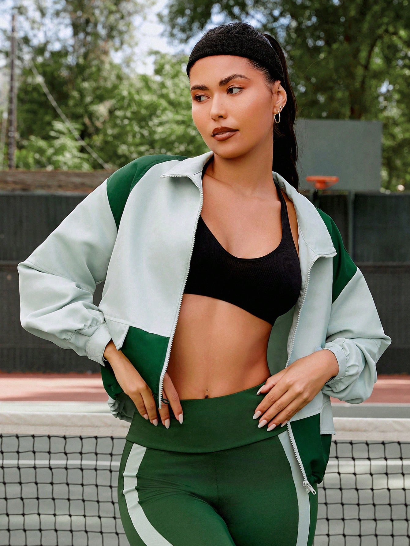 Two Tone Zip Up Drawstring Hem Raglan Sleeve Jacket,Women Tennis Outfit