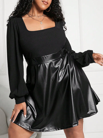 Plus Size Square Neck Pu Splice Lantern Sleeve Dress