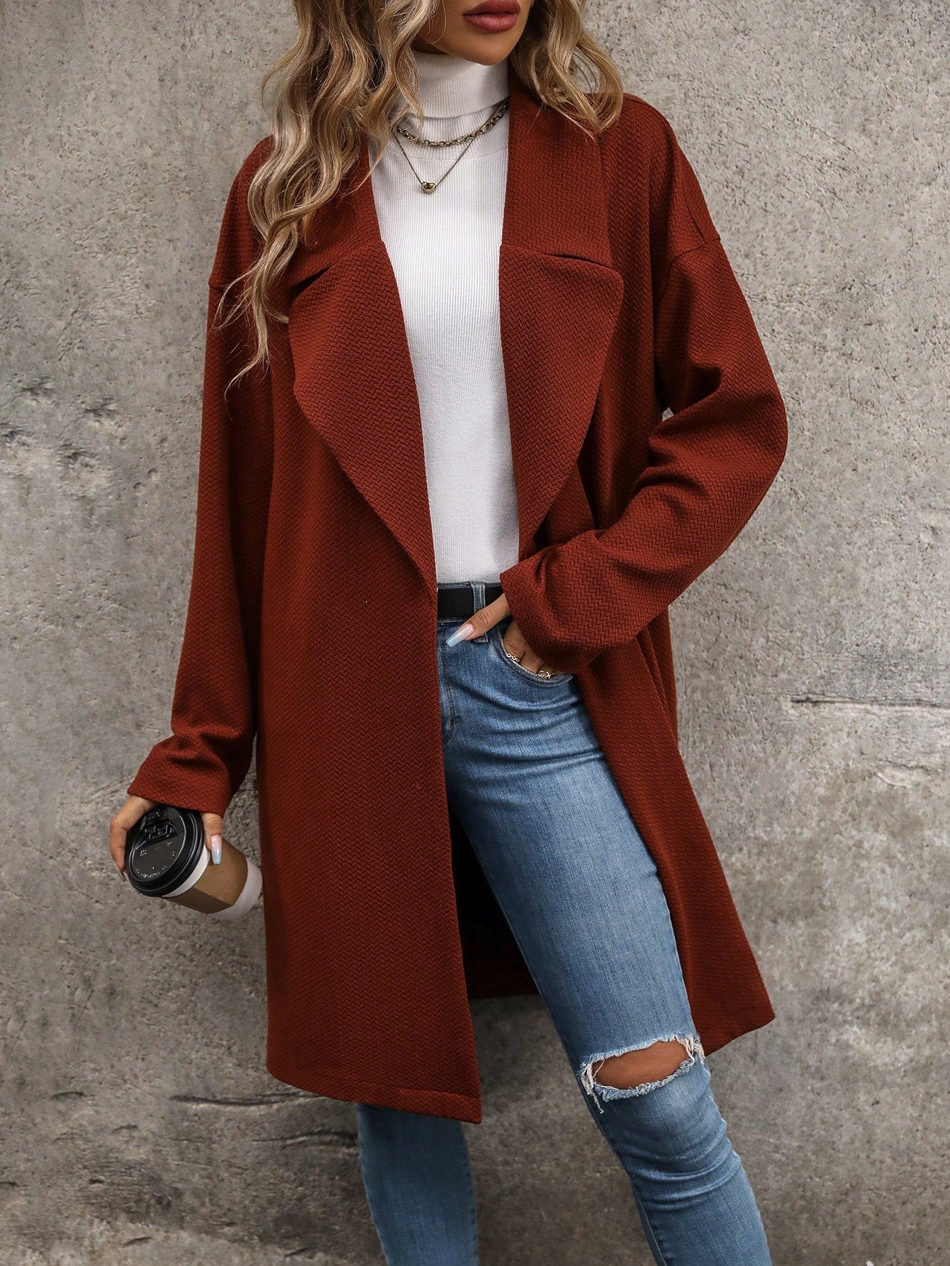 Lapel Neck Drop Shoulder Open Front Coat