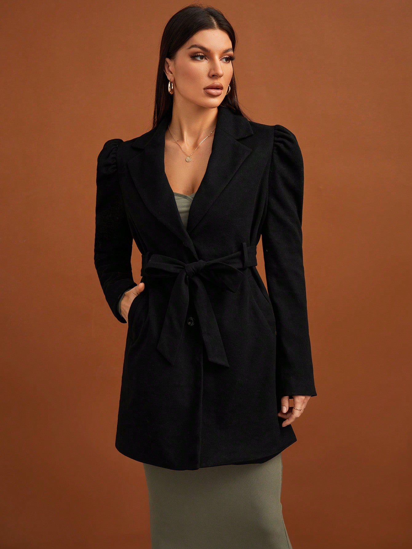 Lapel Neck Puff Sleeve Belted Overcoat