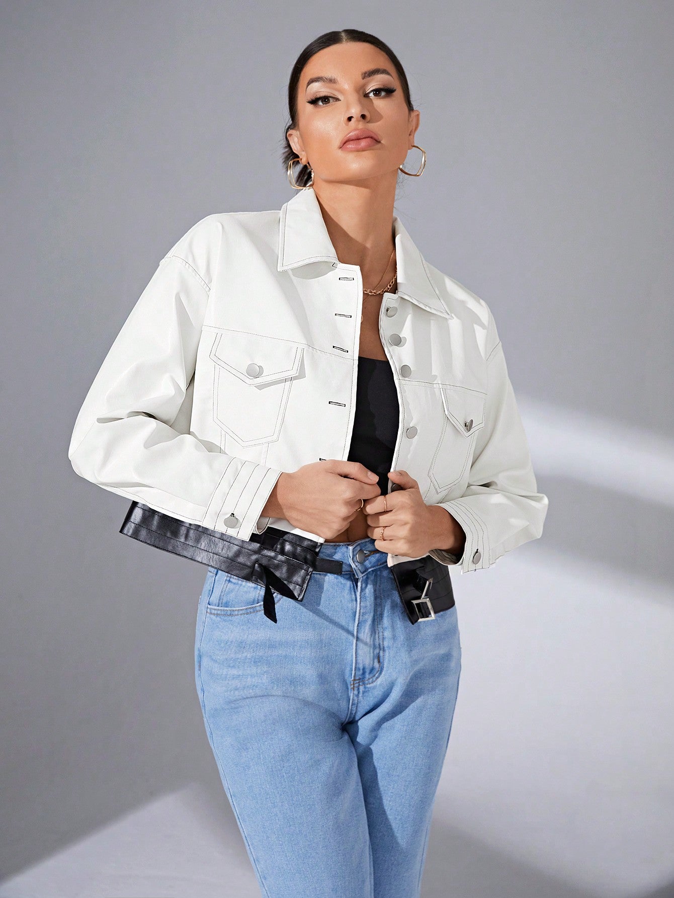 Flap Pocket Drop Shoulder PU Leather Jacket