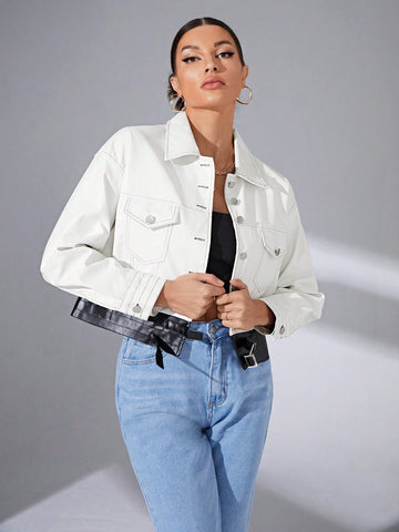 Flap Pocket Drop Shoulder PU Leather Jacket