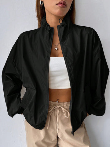 Zip Up Drop Shoulder Drawstring Hem Jacket