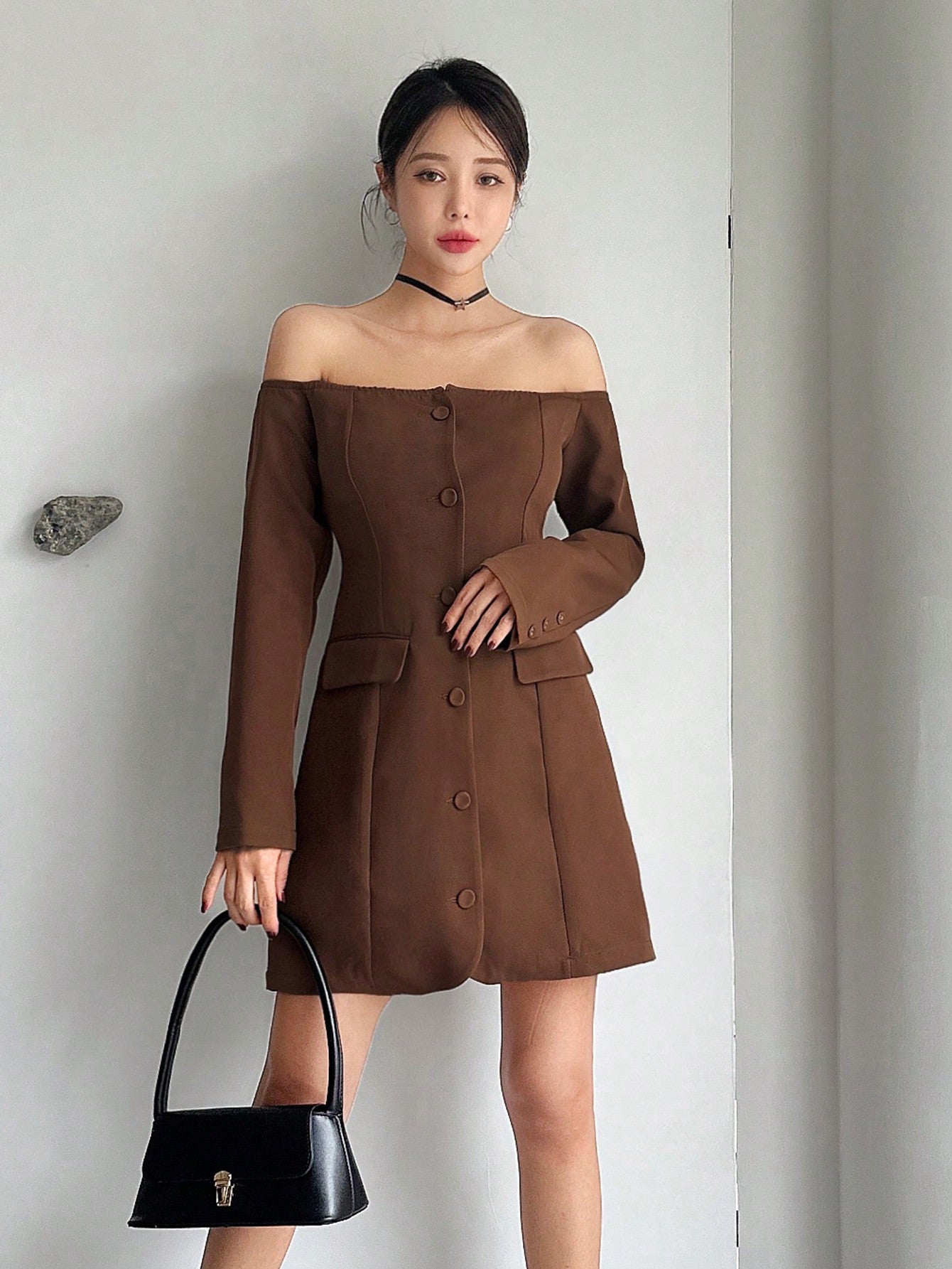 Off Shoulder Button Front Flap Pocket Dress