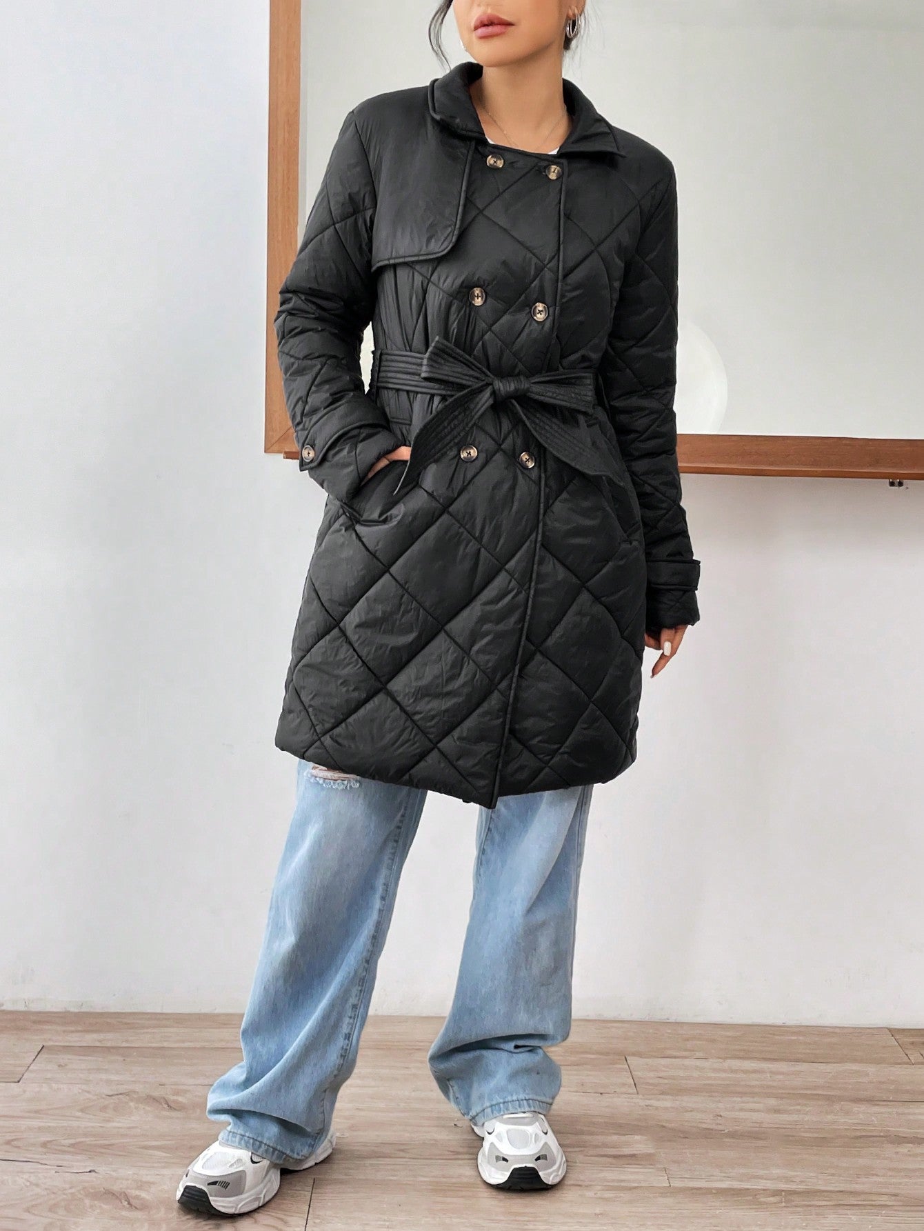 Women'S Winter Turn-Down Collar Belted Diamond Quilted Padded Jacket