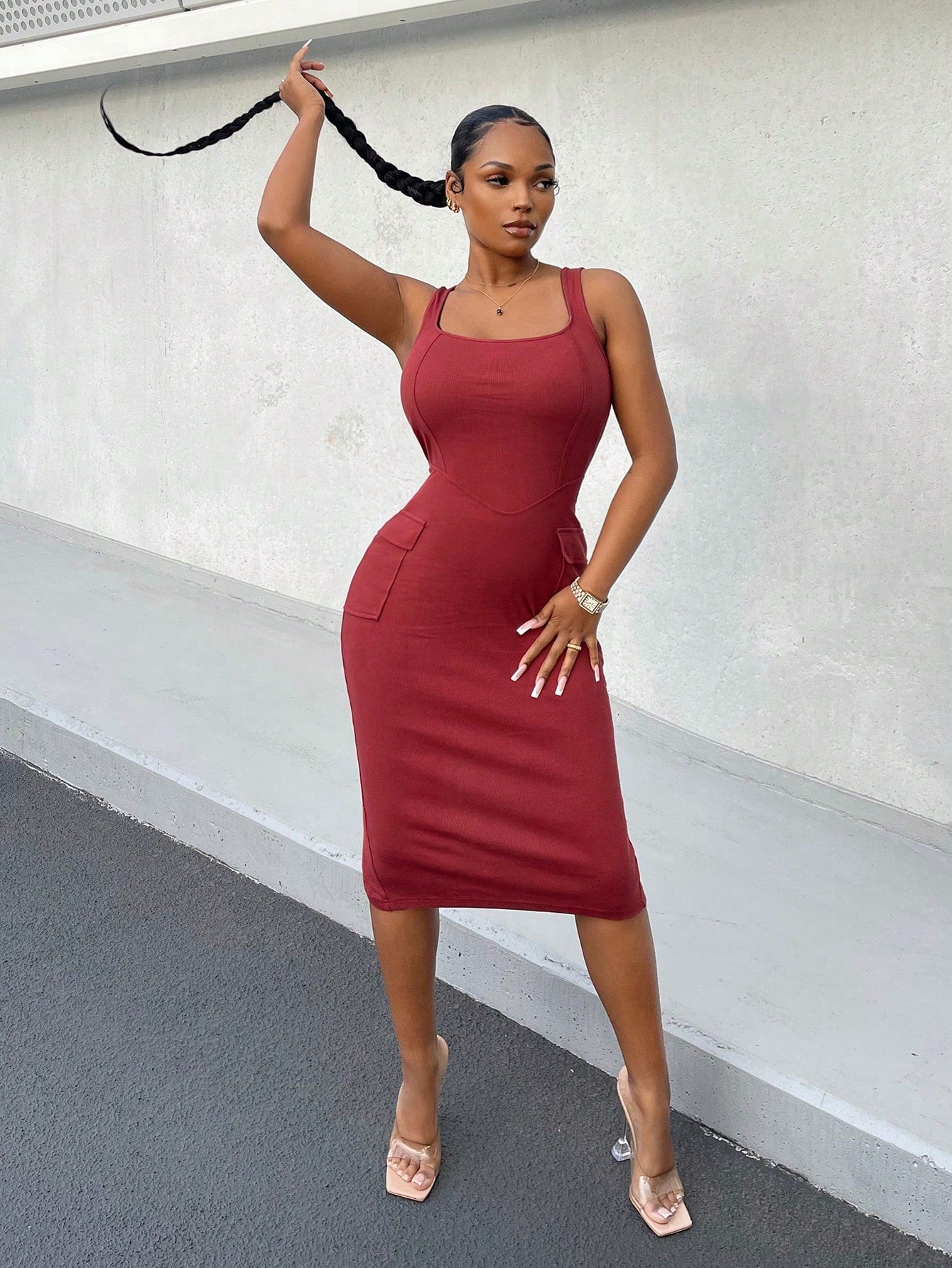 Solid Flap Pocket Bodycon Dress