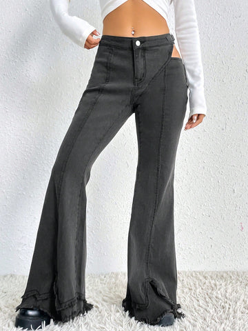 Cut Out Waist Flare Leg Jeans