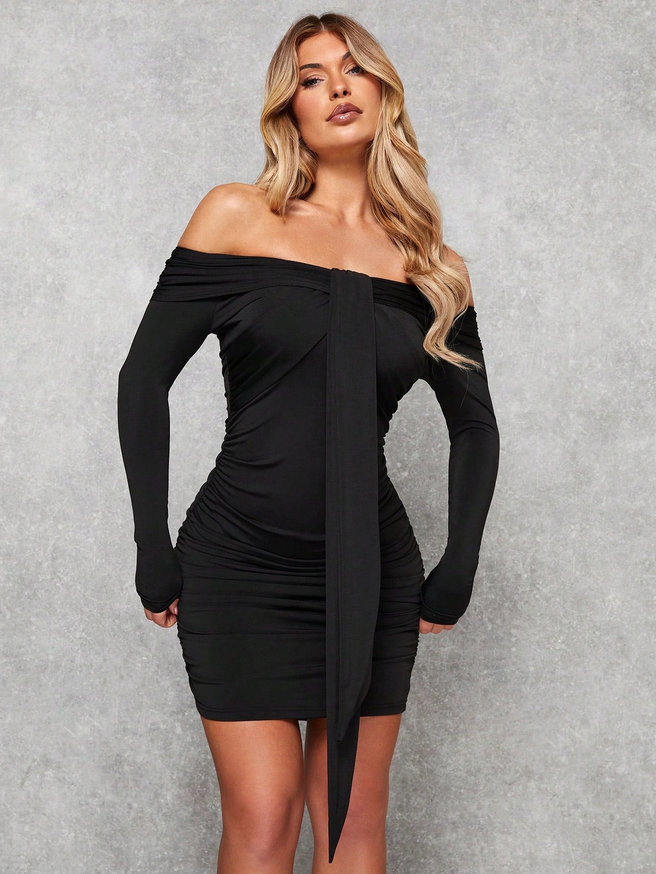 Off Shoulder Draped Ruched Bodycon Dress