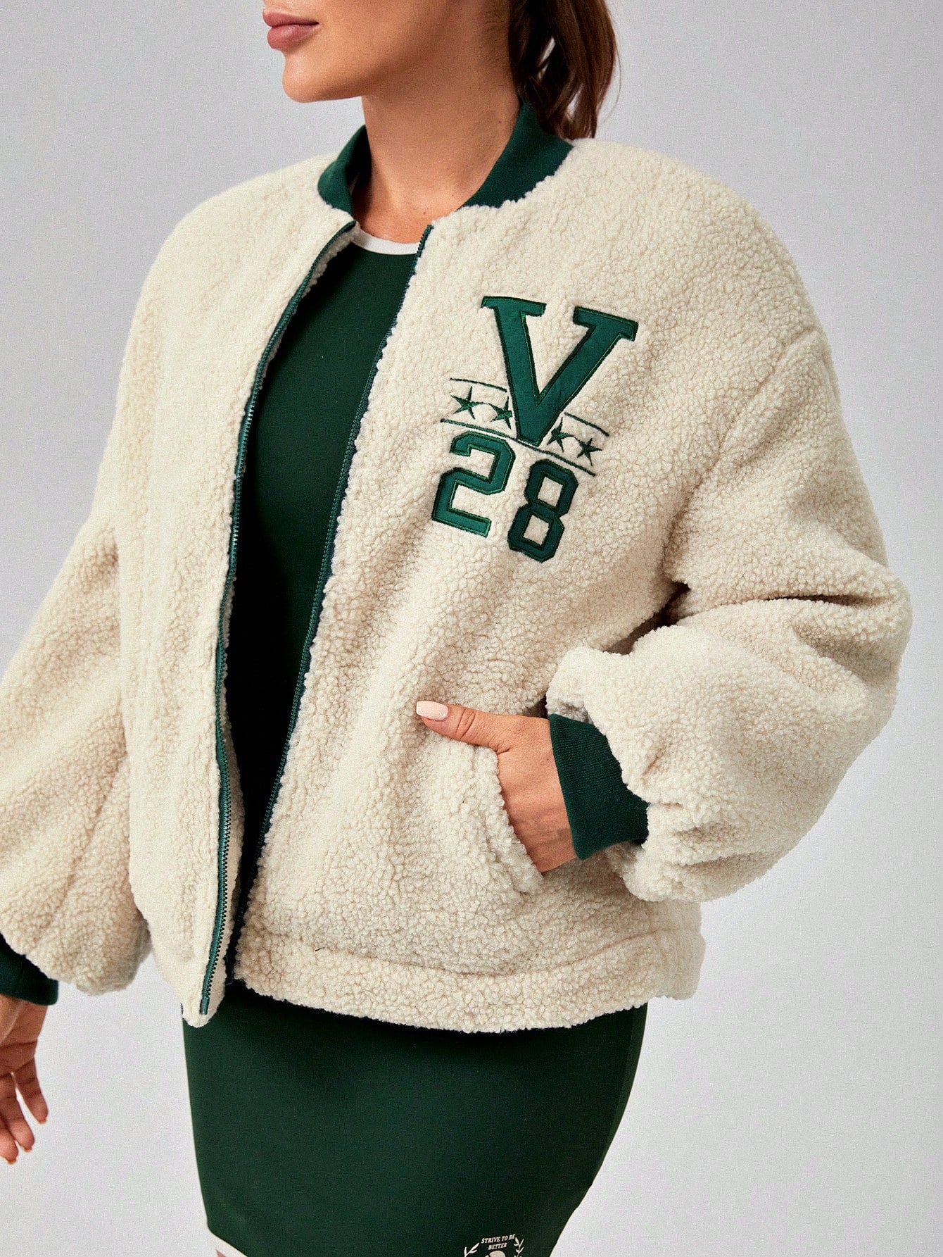 Letter Embroidery Drop Shoulder Teddy Bomber Jacket