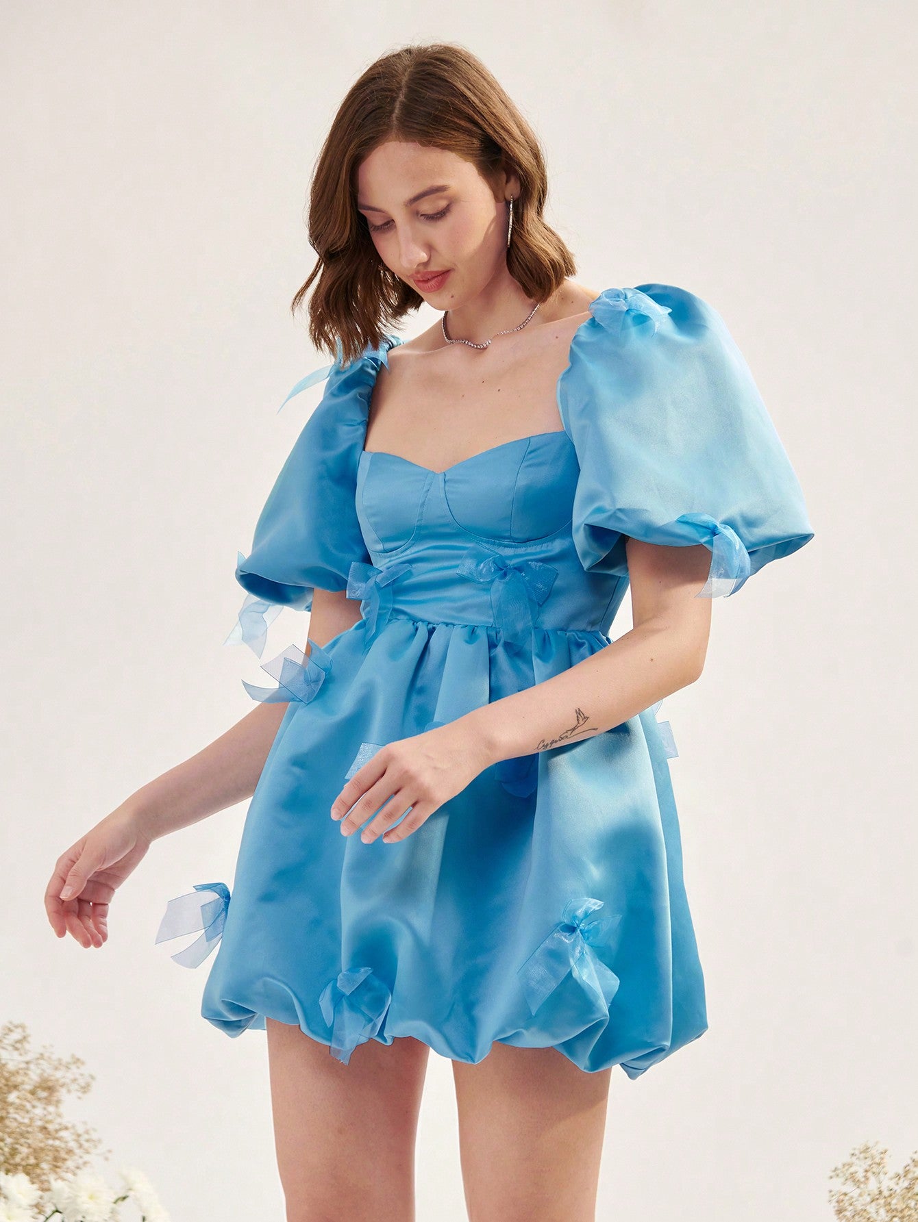 Sweetheart Neck Puff Sleeve Ruched Dress