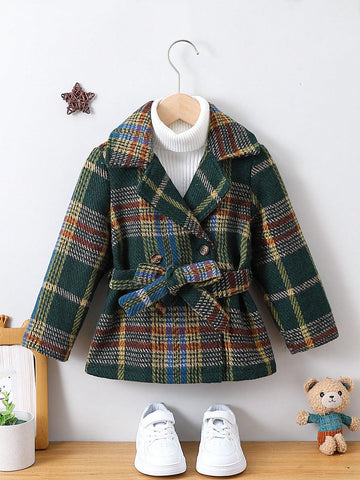 Young Boy 1pc Plaid Double Breasted Belted Overcoat