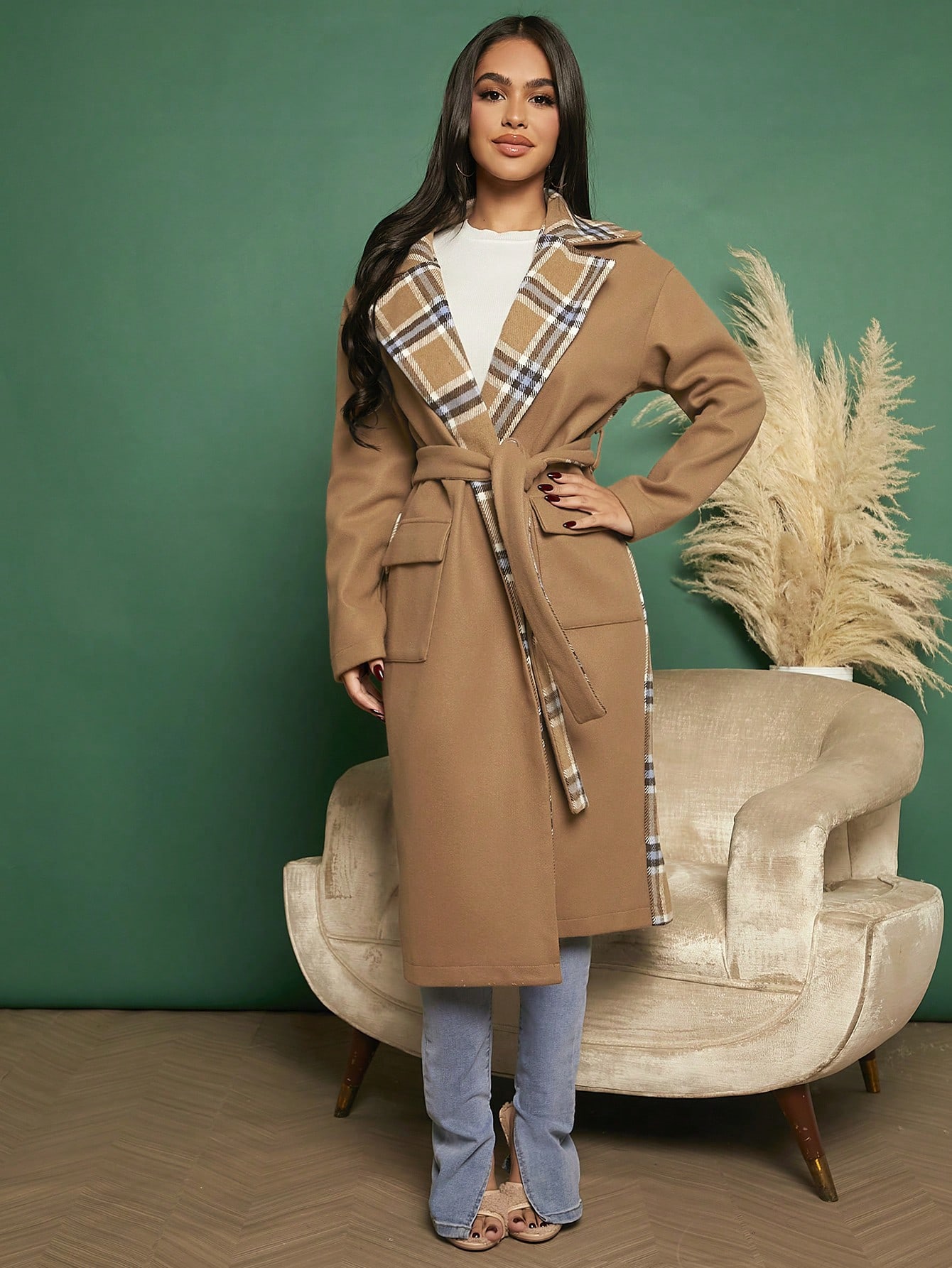 Contrast Plaid Print Flap Pocket Belted Overcoat