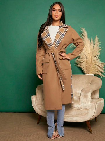 Contrast Plaid Print Flap Pocket Belted Overcoat