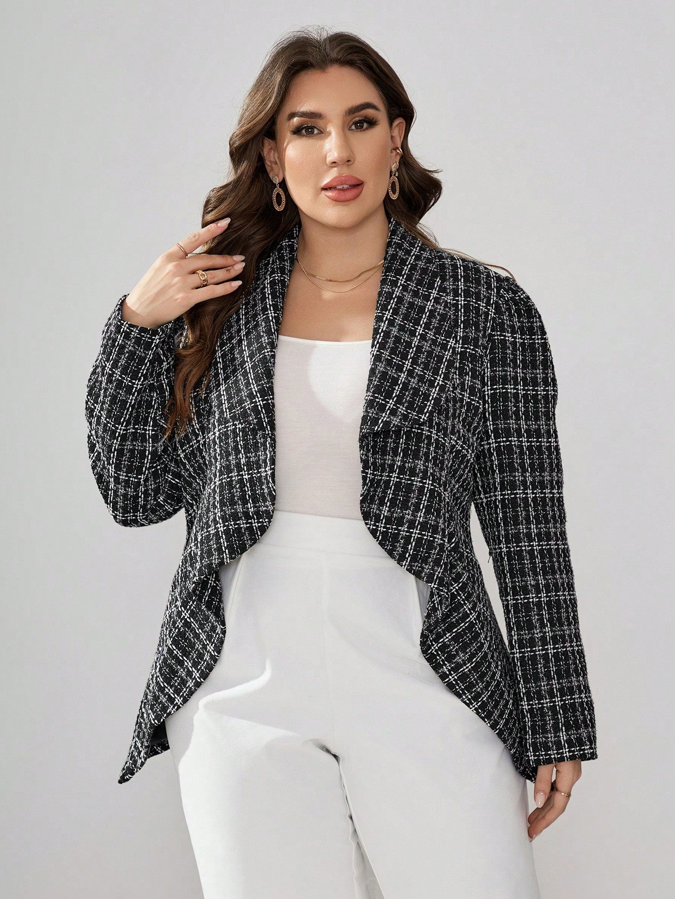 Plus Plaid Print Shawl Collar Open Front Tweed Blazer