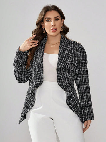 Plus Plaid Print Shawl Collar Open Front Tweed Blazer