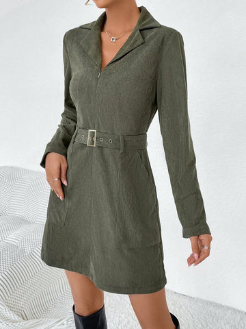 Lapel Neck Belted Corduroy Dress