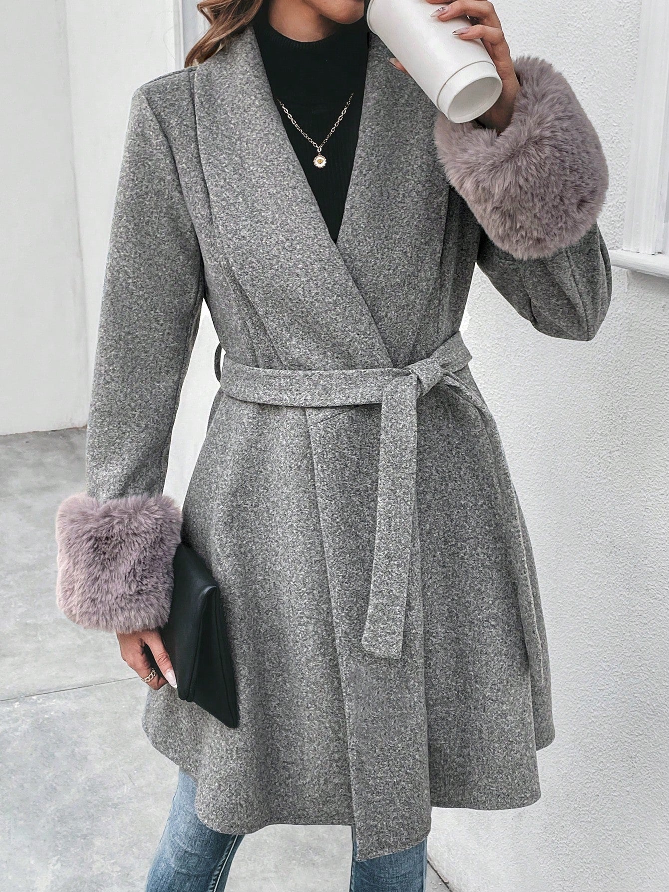 Shawl Collar Fuzzy Cuff Belted Overcoat