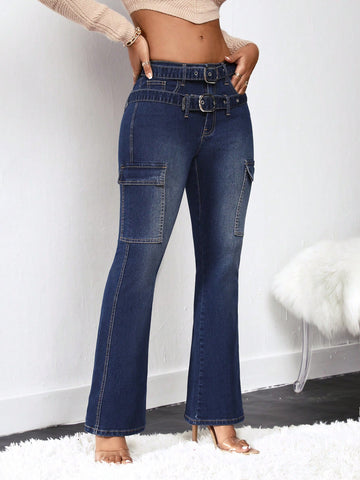 Flap Pocket Flare Leg Jeans With Buckle Belt