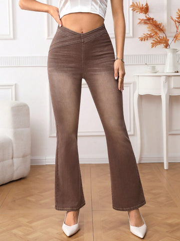 Asymmetrical Waist Flare Leg Jeans