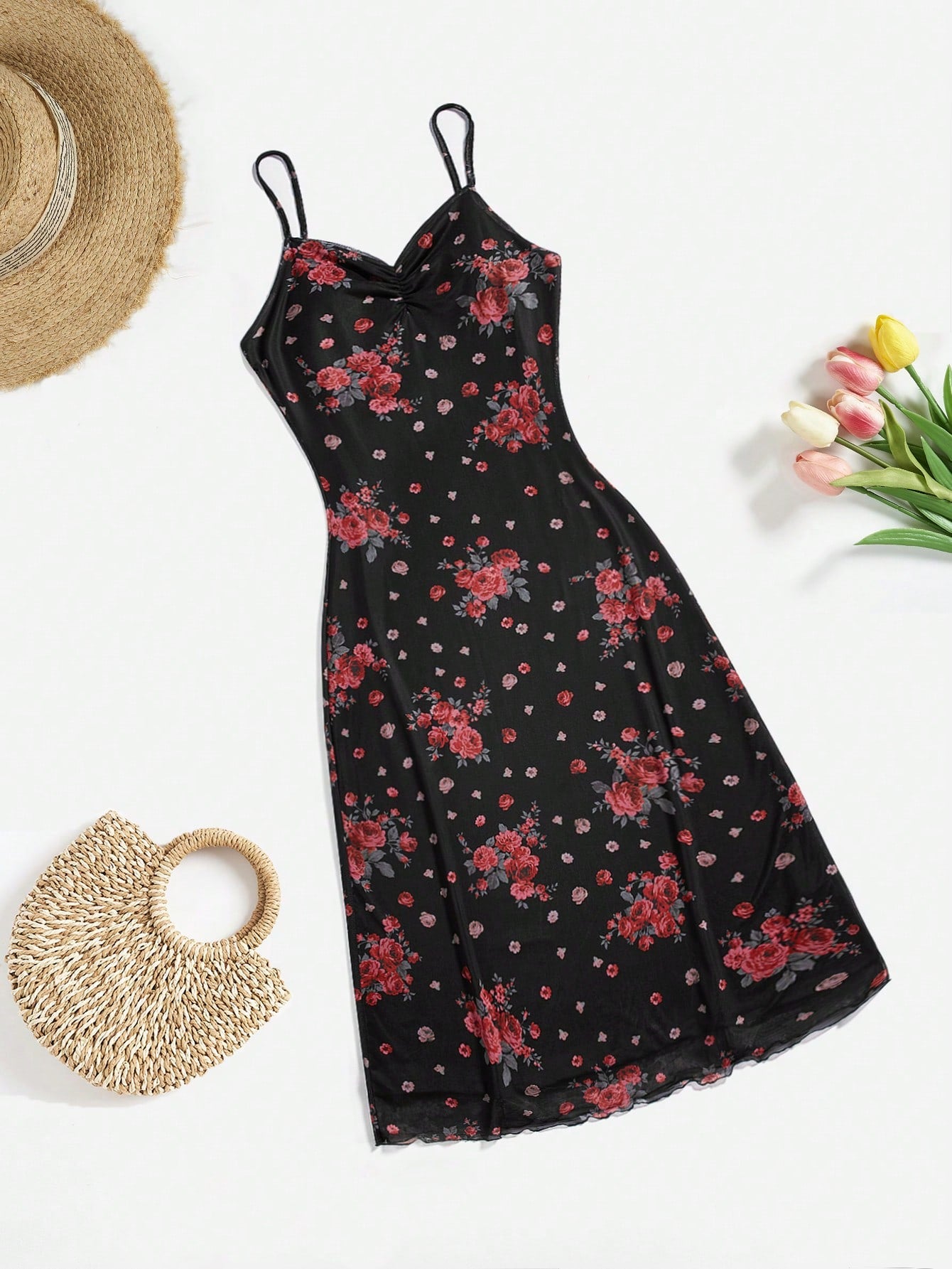 Floral Print Ruched Bust Cami Dress