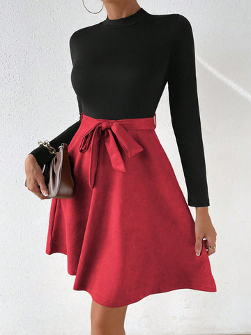 Two Tone Mock Neck Belted Flared Dress