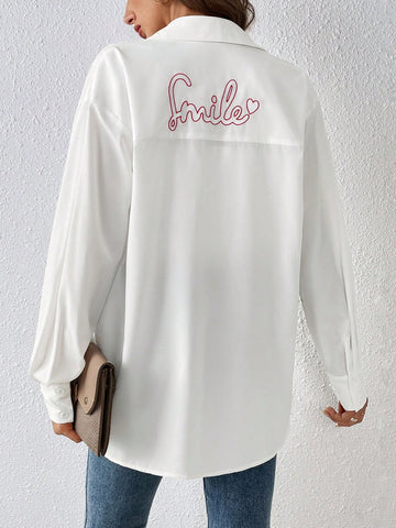 Embroidery Letter Pattern Drop Shoulder Shirt