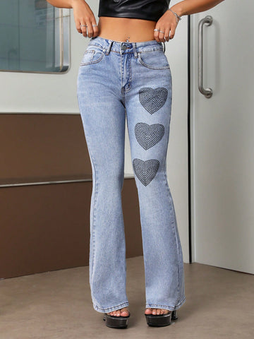 Rhinestone Heart Graphic Flare Leg Jeans