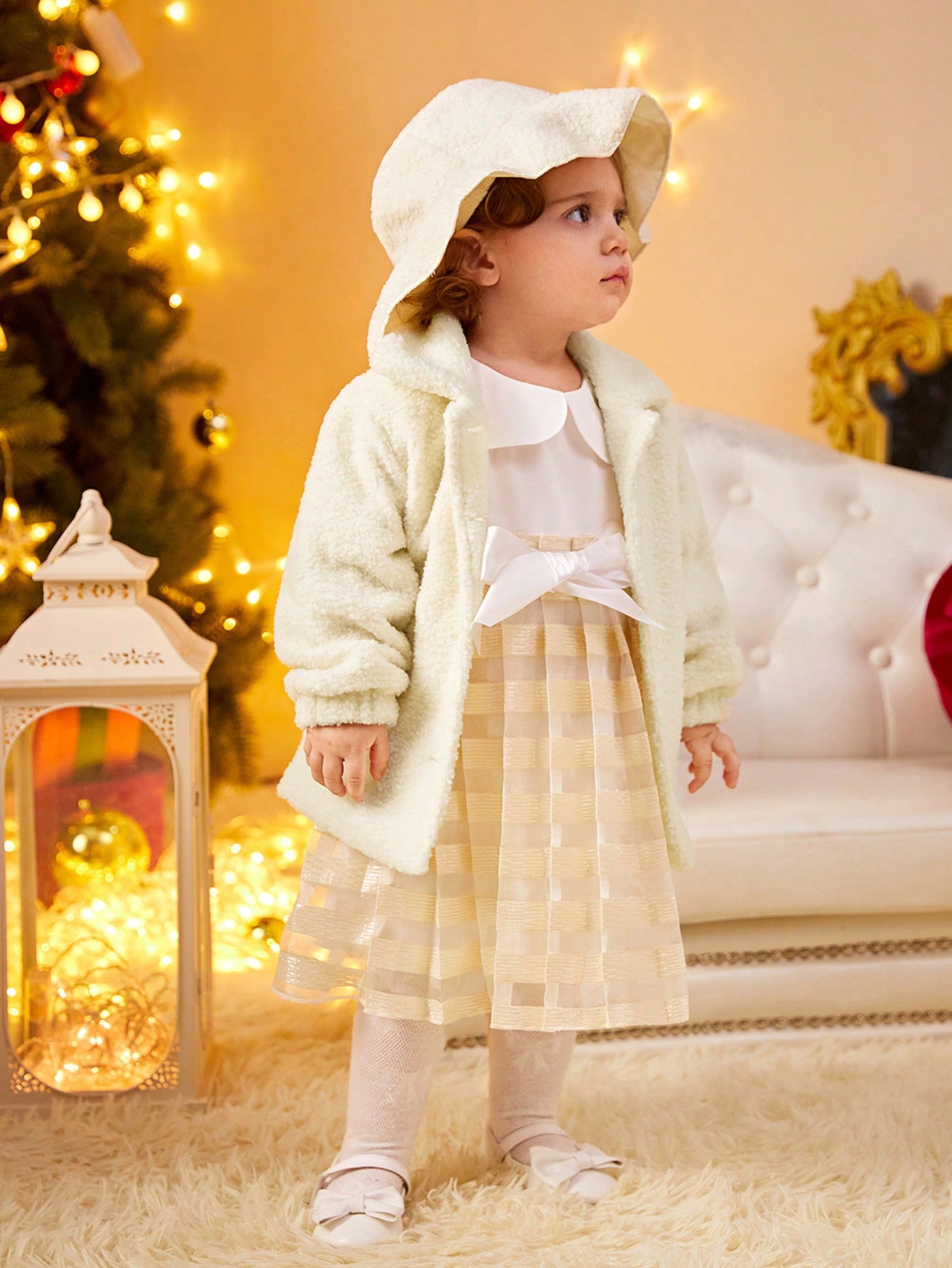 Baby Girl Striped Bow Front Dress With Teddy Coat