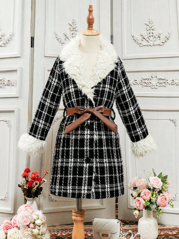 Tween Girl 1pc Plaid Pattern Fuzzy Panel Belted Tweed Overcoat