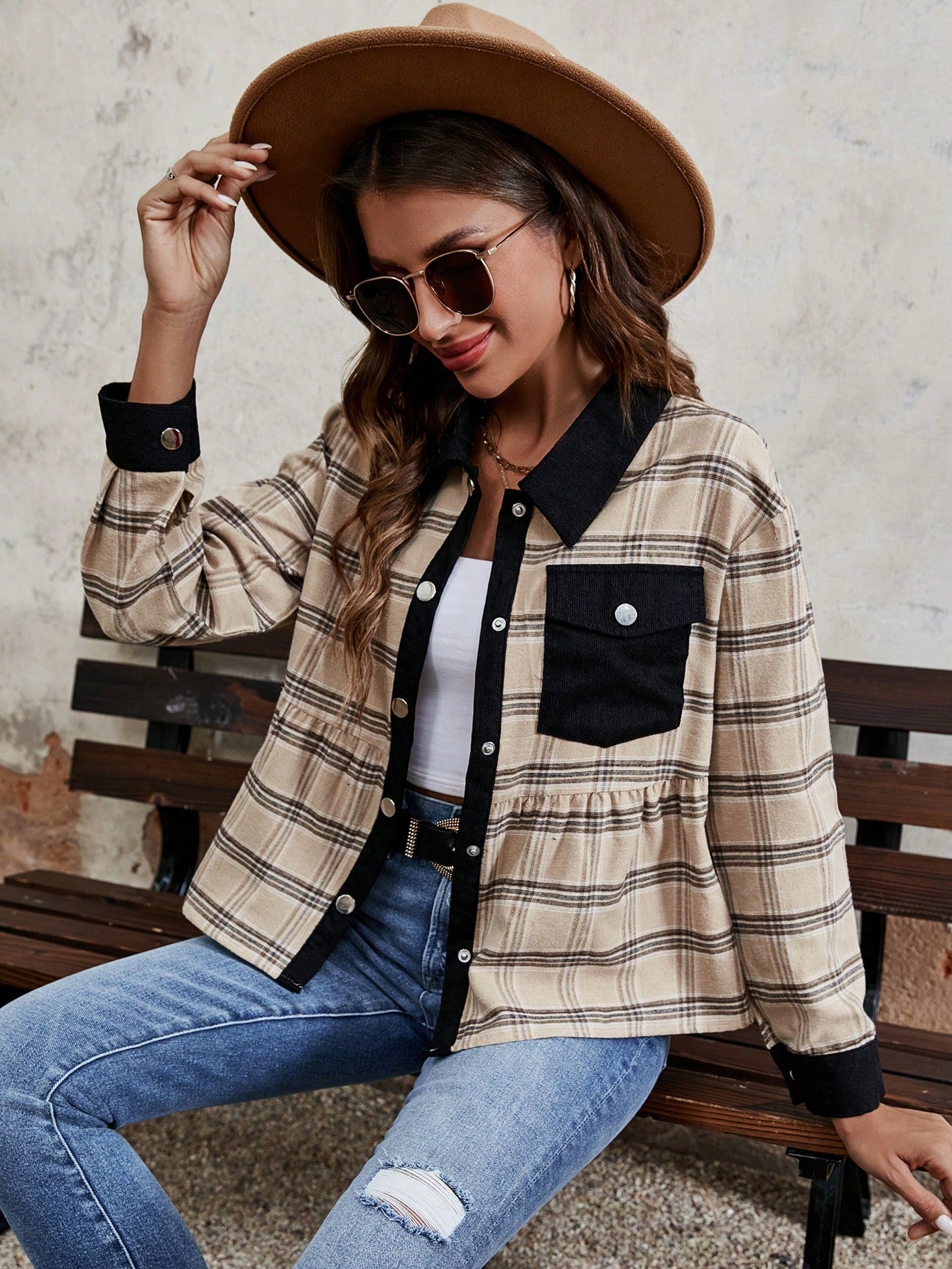 Plaid Print Drop Shoulder Flap Pocket Jacket