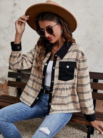 Plaid Print Drop Shoulder Flap Pocket Jacket